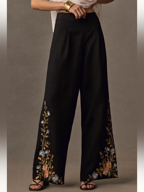 Anthropologie Pants - Anthropologie Ranna Gil Embroidered Floral Linen Wide Leg Pants